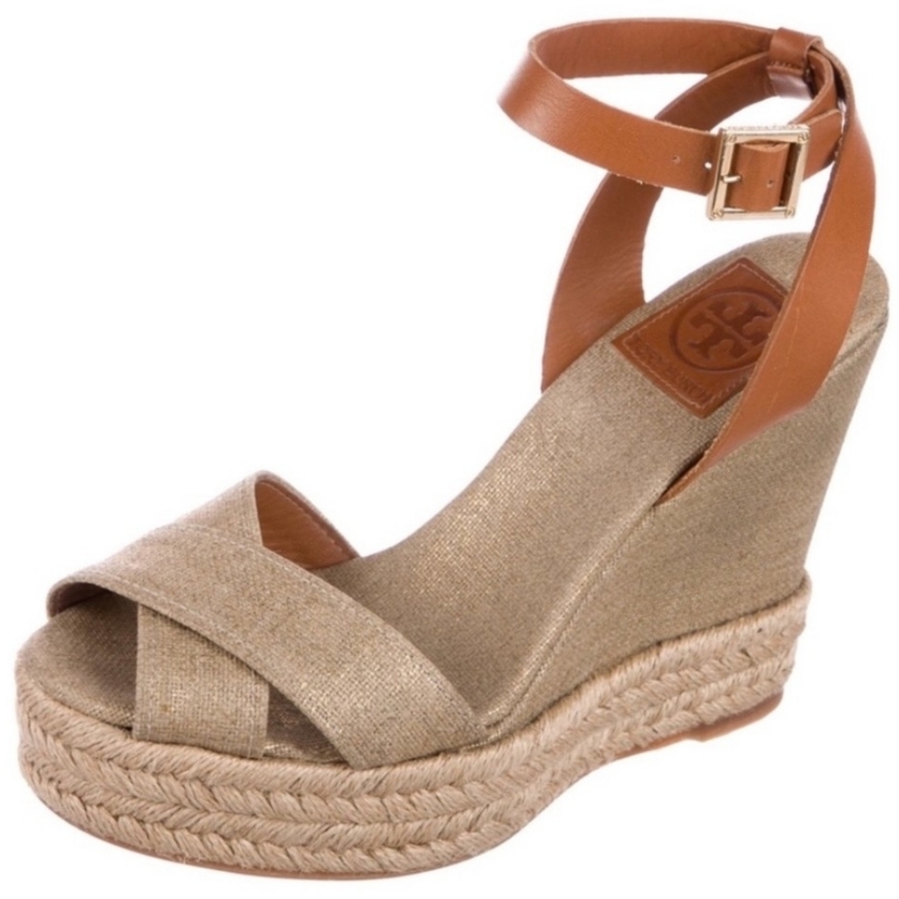 Tory Burch Fabian Tan Shimmer Soft Leather Buckle Ankle Wedge Espadrille Sandals